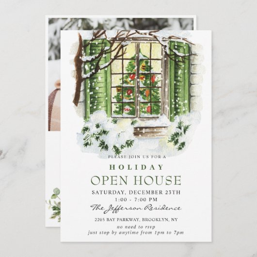 Watercolor Country Holiday Weihnachts-Open House Einladung (Vorne/Hinten)