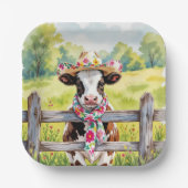Watercolor Cow Wearing a Summer Hat Pappteller (Vorderseite)