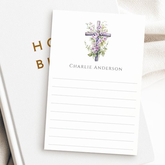 Watercolor cross purple flower name lined post-it klebezettel
