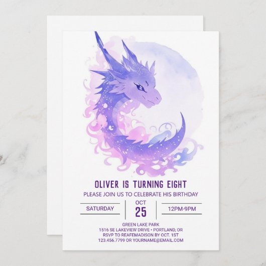 Watercolor Custom Dragon Birthday Einladung (Vorne/Hinten)