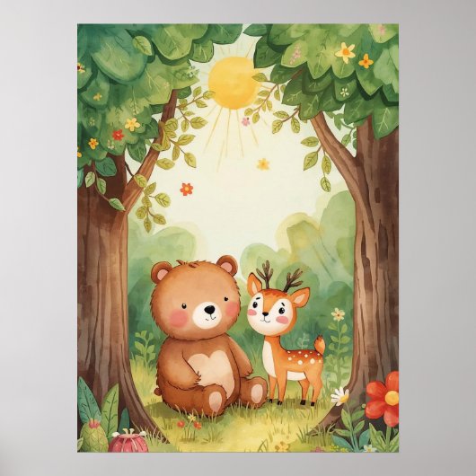 Watercolor Cute Bear & Deer Woodland Nursery Art Poster (Vorne)
