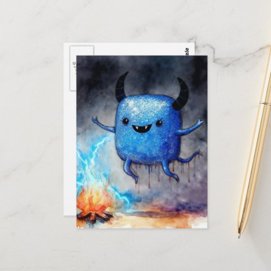 Watercolor Cute Blue Monster and a Campfire Postkarte (Vorderseite/Rückseite Beispiel)
