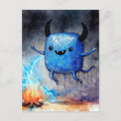 Watercolor Cute Blue Monster and a Campfire Postkarte (Vorderseite)