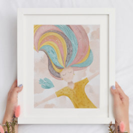 Watercolor cute cartoon girl. Pink fairy fantasy  Poster