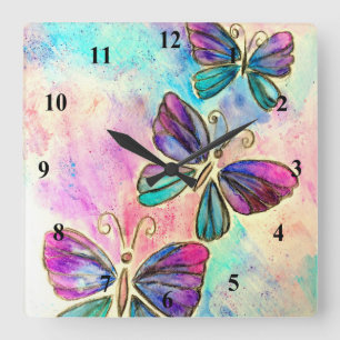 Watercolor - Cute Colorful Butterflies Quadratische Wanduhr