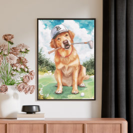 Watercolor Cute Golden Retriever Golf Leinwanddruck