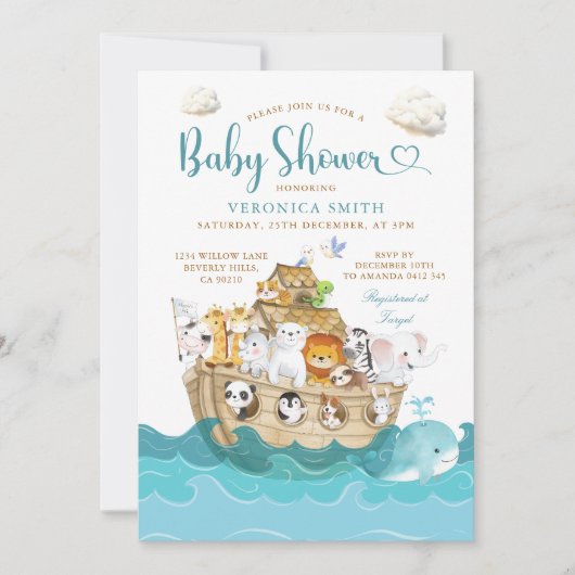 Watercolor Cute Noah's Ark baby shower adventure Einladung (Vorderseite)