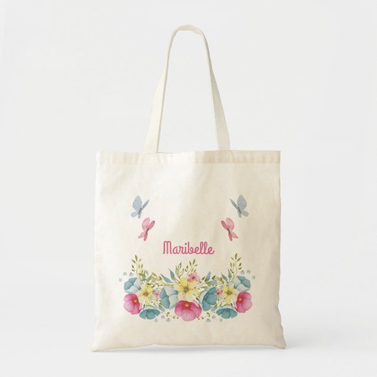 Watercolor Cute Pink Blue Butterflies Floral Tragetasche (Vorne)