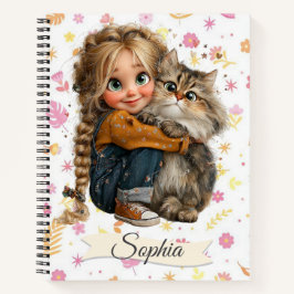 Watercolor Cute Quirky Girl with a Cat Notizblock