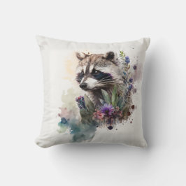 Watercolor Cute Raccoon Spring Flowers        Kissen