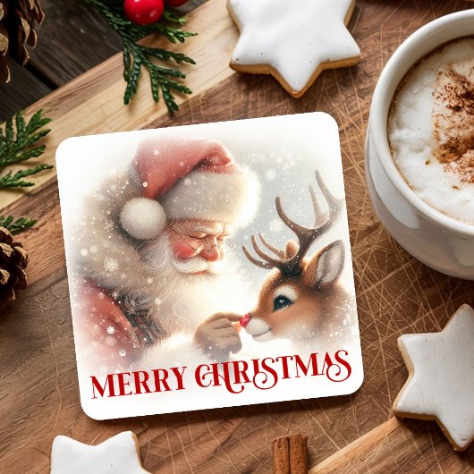 Watercolor Cute Santa Rudolph Christmas Coasters Rechteckiger Pappuntersetzer