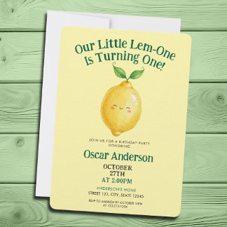 Watercolor Cute Yellow Lemon One Year Birthday Einladung