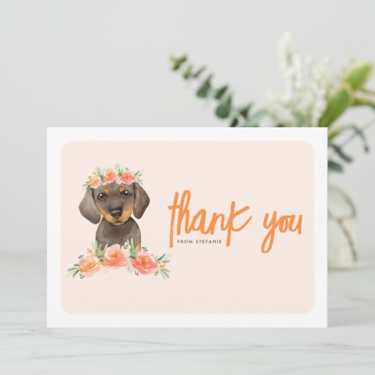 Watercolor Dachshund and Peach Flowers Birthday Dankeskarte (Stehend Vorderseite)
