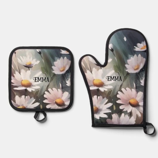 Watercolor Daisies Individuelle Name Ofenhandschuh & Topflappen-Set (Vorderseite)