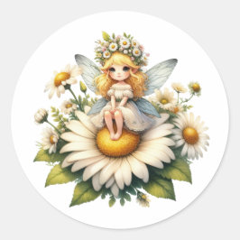 Watercolor Daisy Fairy Runder Aufkleber