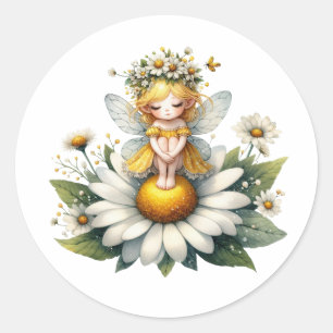 Watercolor Daisy Fairy Runder Aufkleber