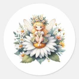 Watercolor Daisy Fairy Runder Aufkleber