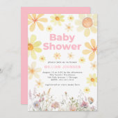 Watercolor Daisy Girl Pink Kinderdusche Einladung (Vorne/Hinten)