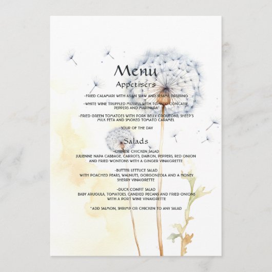 Watercolor Dandelion Wedding Menükarte (Vorderseite)