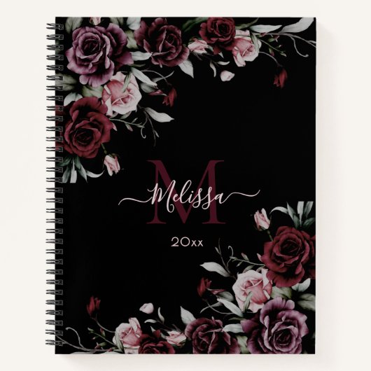 Watercolor Dark Moody Roses Monogram Black Notizblock (Vorderseite)