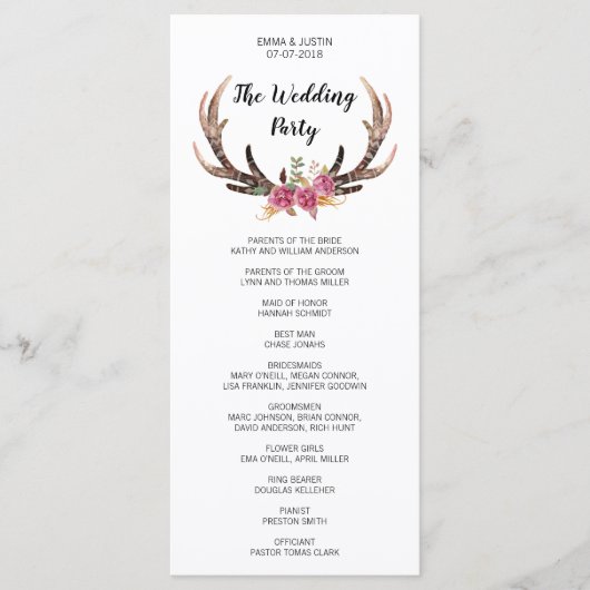 Watercolor Deer Antlers Country Wedding Rackcard Programm (Vorderseite)