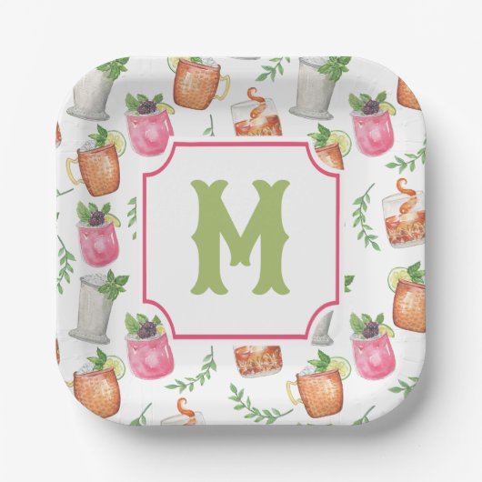 Watercolor Derby Day Mint Julep Drinks Monogram Pappteller (Vorderseite)