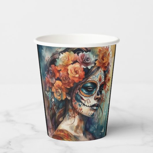 Watercolor Dia de los Muertos Catrina Pappbecher (Rückseite)