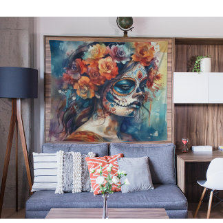 Watercolor Dia de los Muertos Catrina Wandteppich