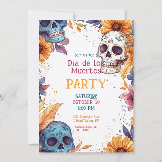 💀 Watercolor Día de Muertos Party Einladung (Vorderseite)