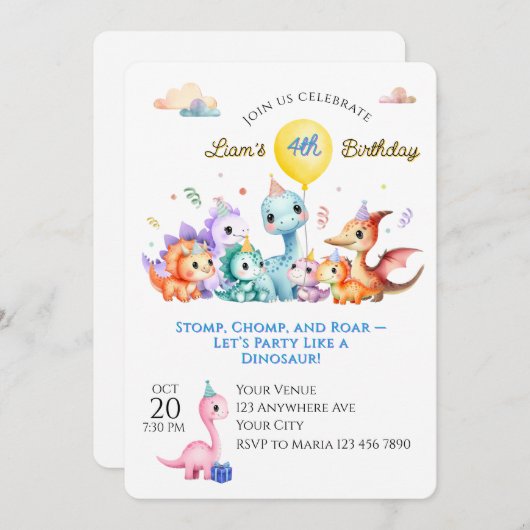 Watercolor Dino Birthday Party Einladung (Vorne/Hinten)