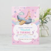 Watercolor Dino Flugzeug Rainbow Birthday Einladung (Stehend Vorderseite)