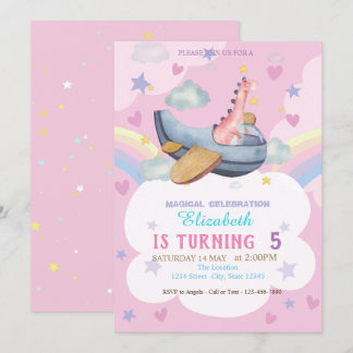 Watercolor Dino Flugzeug Rainbow Birthday Einladung