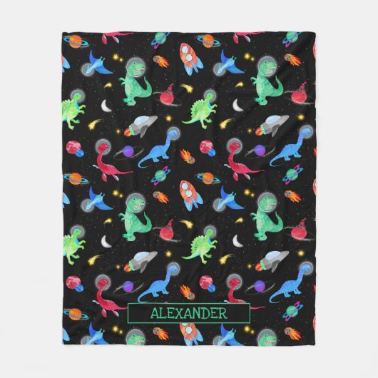 Watercolor Dinosaur Astronauts In Space Black Fleecedecke (Vorderseite)