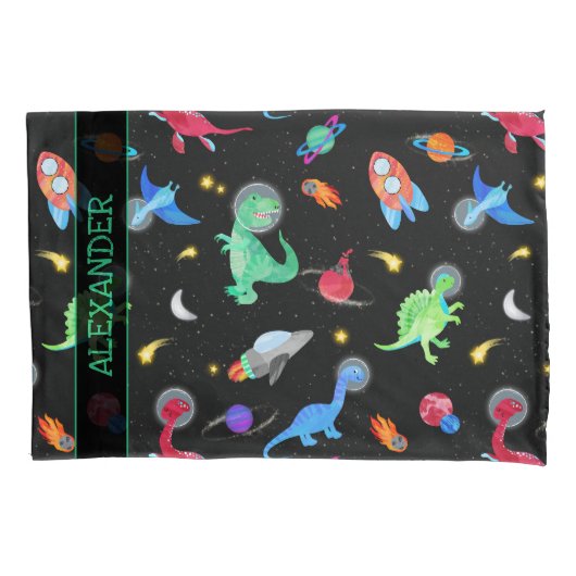 Watercolor Dinosaur Astronauts In Space Black Kissenbezug (Vorderseite)