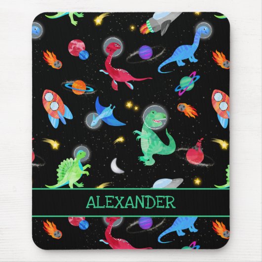 Watercolor Dinosaur Astronauts In Space Black Mousepad (Vorne)