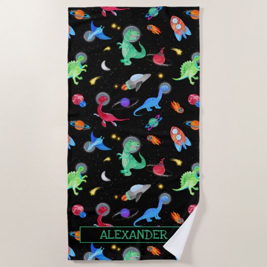 Watercolor Dinosaur Astronauts In Space Black Strandtuch (Vorderseite)