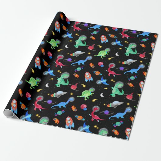 Watercolor Dinosaur Astronauts In Space Blue Geschenkpapier (Ungerollt)