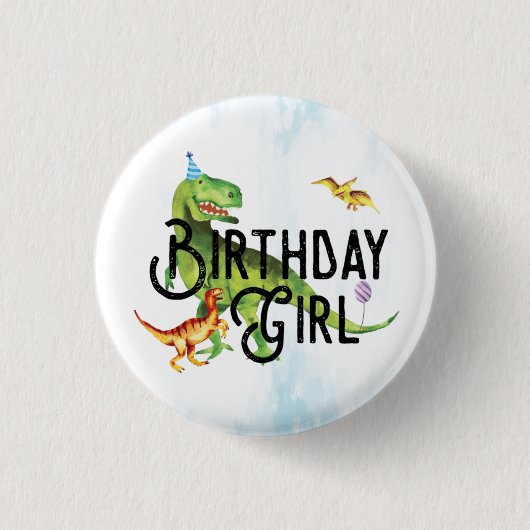 Watercolor Dinosaur Birthday Girl Button (Vorderseite)