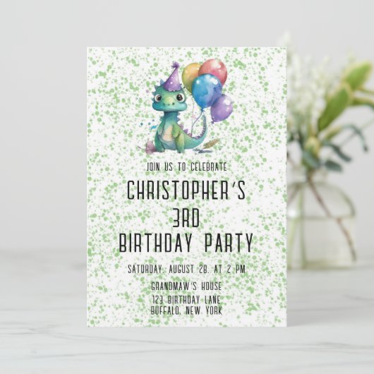 Watercolor Dinosaurier Balloons Boy Birthday Party Einladung (Stehend Vorderseite)