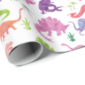 Watercolor-Dinosaurier-Silhouette-lila rosa Kinder Geschenkpapier (Rolleneckpunkt)