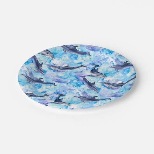 watercolor dolphin fish seamless pattern pappteller (Schrägansicht)