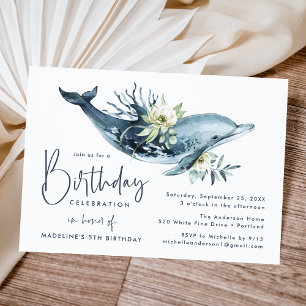 Watercolor Dolphin & White Floral Geburtstagsparty Einladung