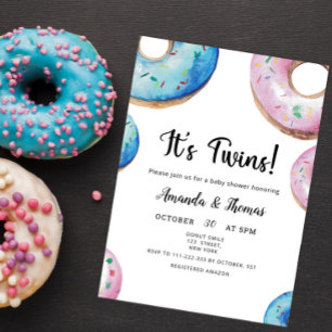 Watercolor-Donuts Zwillings-Junge-Mädchen-Baby-Par Einladung