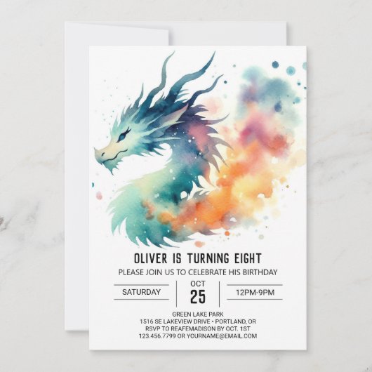 Watercolor Dragon Birthday Digital Einladung (Vorderseite)