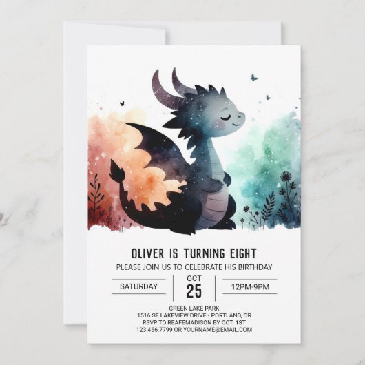 Watercolor Dragon Birthday Editable Einladung (Vorderseite)