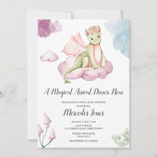 Watercolor Dragon Magical Arrival Baby Dusche Einladung (Vorderseite)
