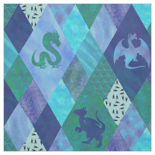 Watercolor Dragon Patchwork Quilt in Blue Green Stoff (Muster)