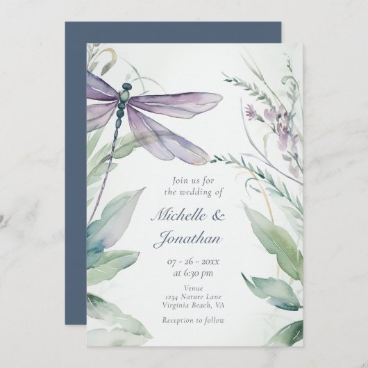 Watercolor Dragonfly | Grüne auf einer Hochzeit Einladung (Vorne/Hinten)