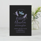 Watercolor Dragonfly Lila Black Birthday Party (Stehend Vorderseite)