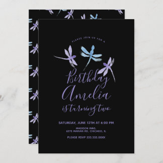 Watercolor Dragonfly Lila Black Birthday Party